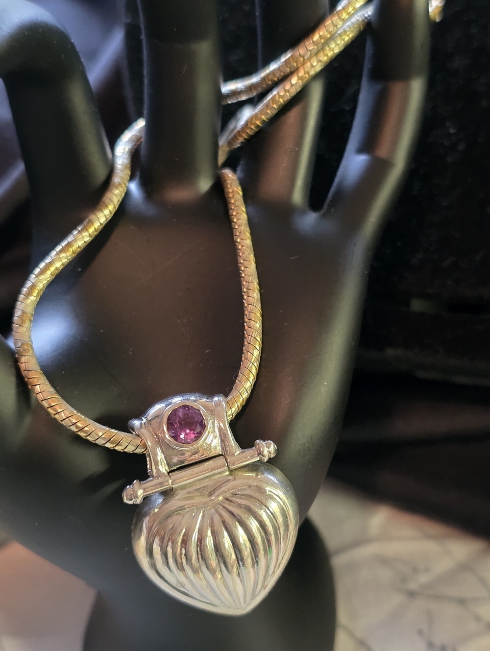 SS amethyst puffed heart pendant on A Sterling Silver And Gold Tone Chain